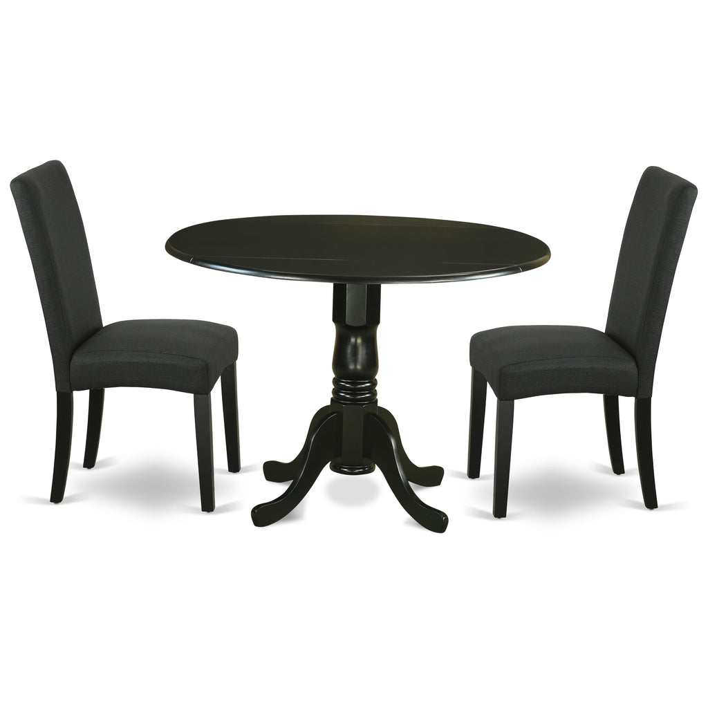 El juego de mesa de cocina de 3 piezas DLDR3-BLK-24 de East West Furniture incluye una mesa de comedor redonda con alas abatibles y dos sillas tapizadas en tela de lino de color negro.