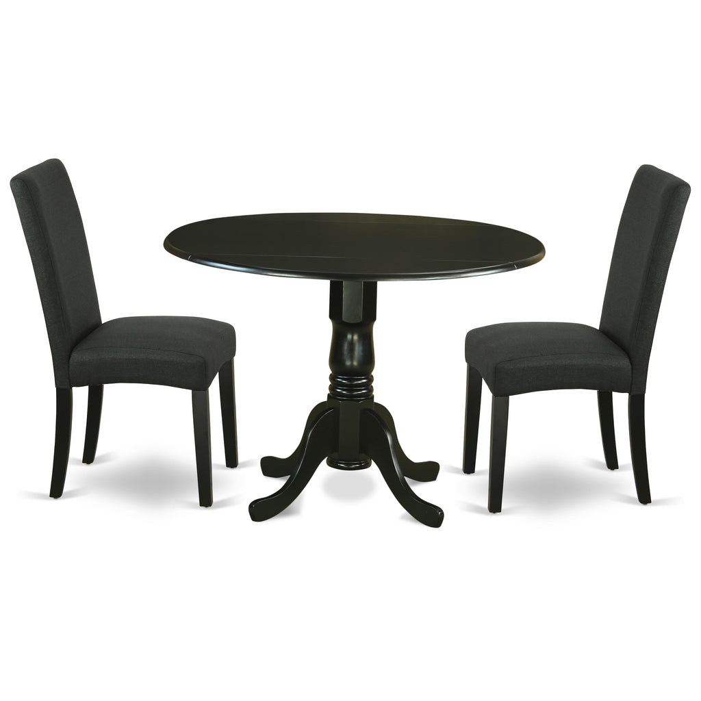 East West Furniture DLDR3-BLK-24 3 Piece Kitchen Table Set Contains a Round Dining Table with Dropleaf and 2 Black Color Linen Fabric Upholstered Chairs, 42x42 Inch, Black