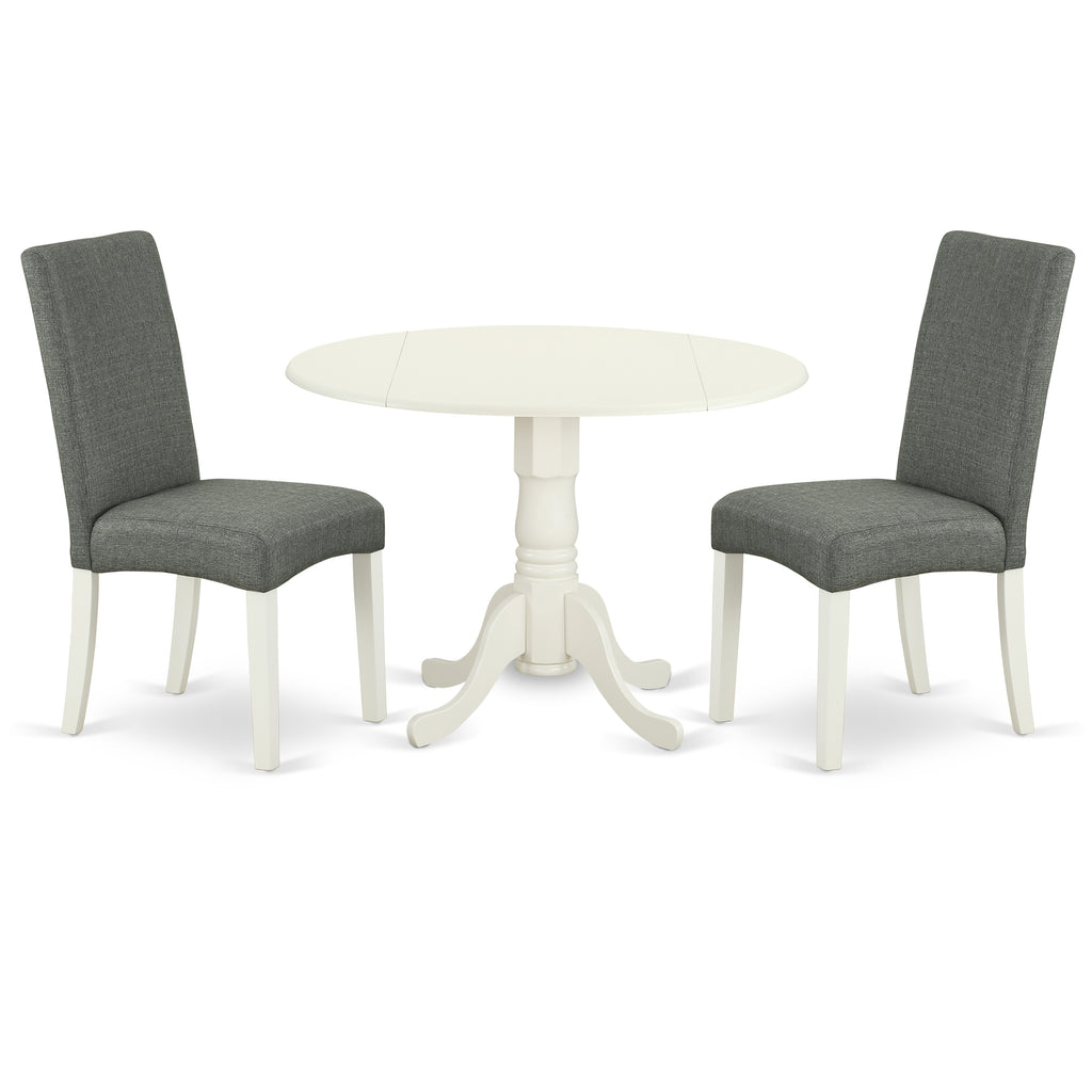 East West Furniture DLDR3-LWH-07 3 Piece Kitchen Table & Chairs Set Contains a Round Dining Room Table with Dropleaf and 2 Gray Linen Fabric Parsons Dining Chairs, 42x42 Inch, Linen White