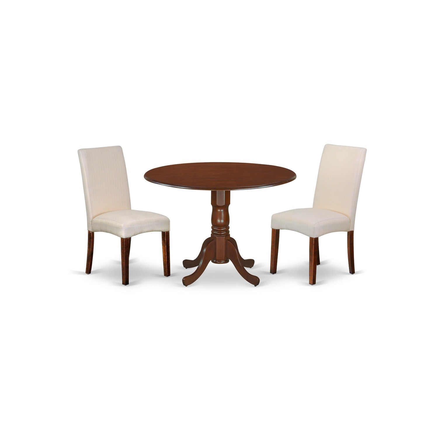 DLDR3-MAH-01 3Pc Round 42 Inch Dining Table With Two 9-Inch Drop Leaves And Two Parson Chair With Mahogany Finish Leg And Linen Fabric- Cream Color
