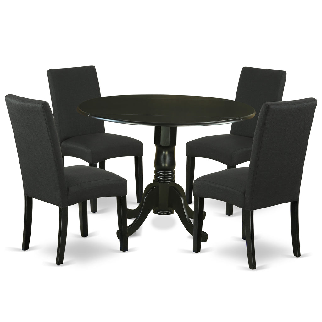 East West Furniture DLDR5-BLK-24 5 Piece Modern Dining Table Set Includes a Round Wooden Table with Dropleaf and 4 Black Color Linen Fabric Upholstered Chairs