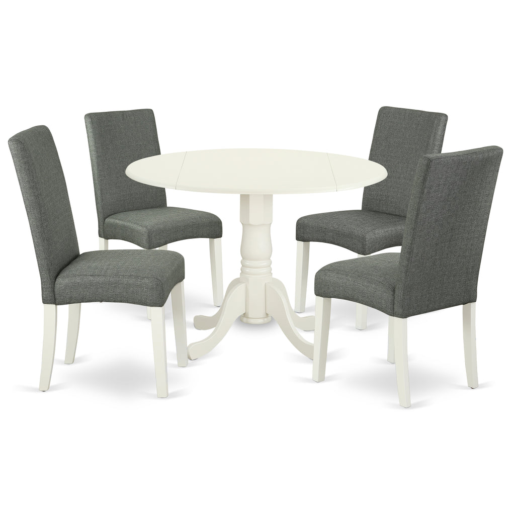 East West Furniture DLDR5-LWH-07 5 Piece Modern Dining Table Set Includes a Round Wooden Table with Dropleaf and 4 Gray Linen Fabric Parsons Dining Chairs