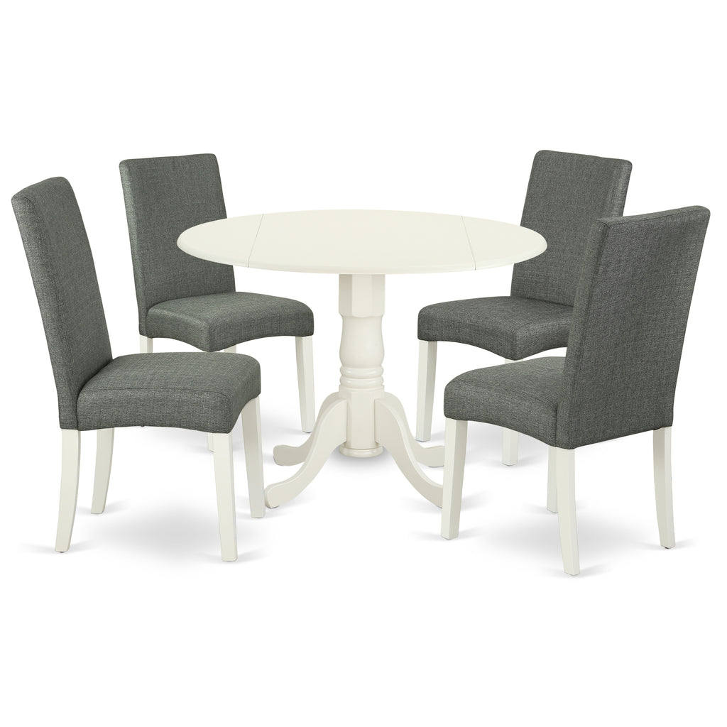 East West Furniture DLDR5-LWH-07 5 Piece Modern Dining Table Set Includes a Round Wooden Table with Dropleaf and 4 Gray Linen Fabric Parsons Dining Chairs, 42x42 Inch, Linen White