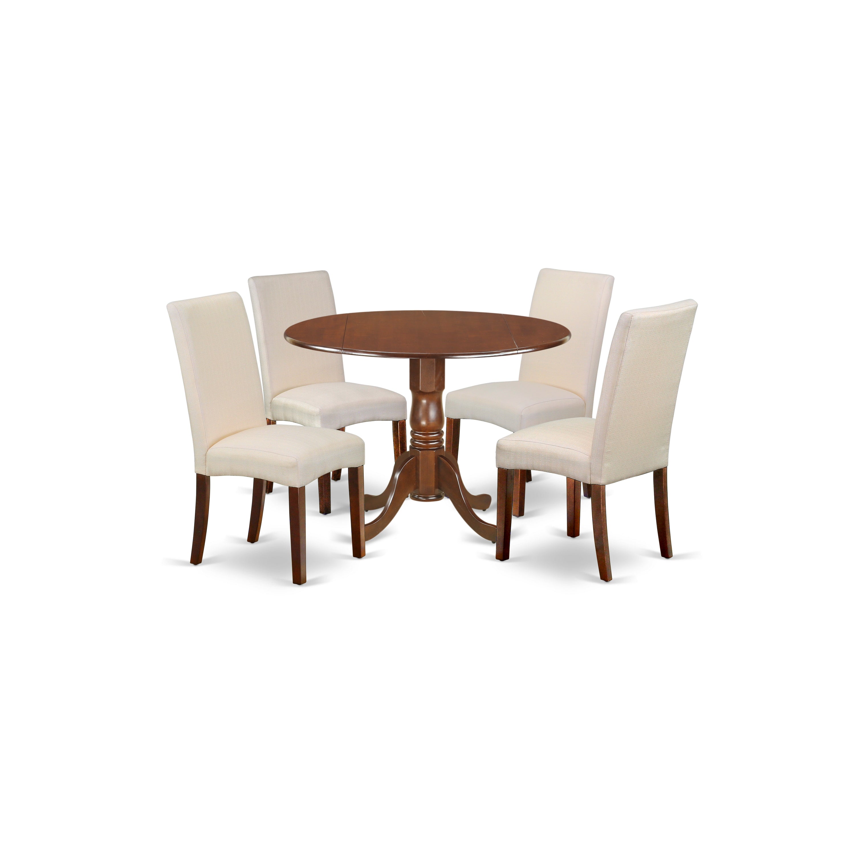 Juego de comedor de 5 piezas East West Furniture DLDR5-MAH-01. Incluye una mesa de comedor redonda con alas abatibles y 4 sillas tapizadas en tela de lino color crema.