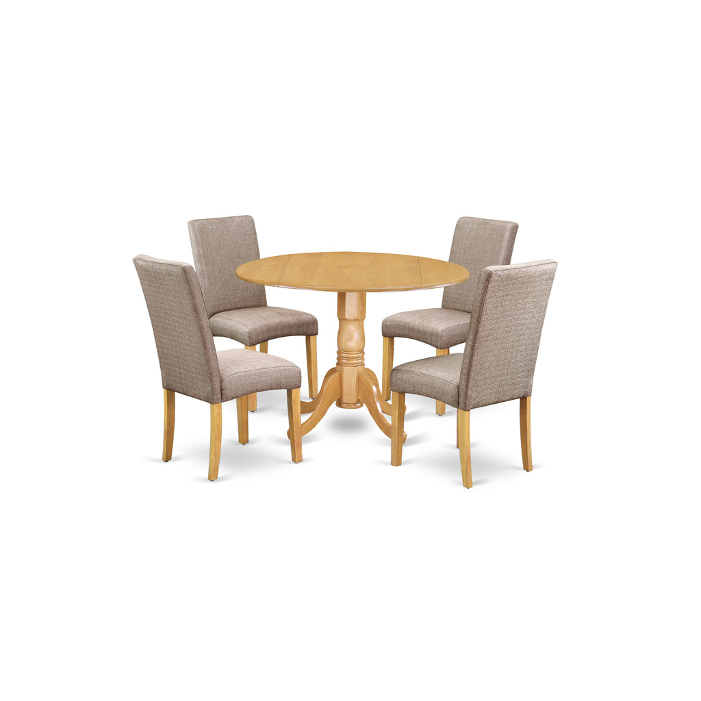East West Furniture DLDR5-OAK-16 5 Piece Kitchen Table Set Includes a Round Dining Table with Dropleaf and 4 Dark Khaki Linen Fabric Parson Dining Room Chairs