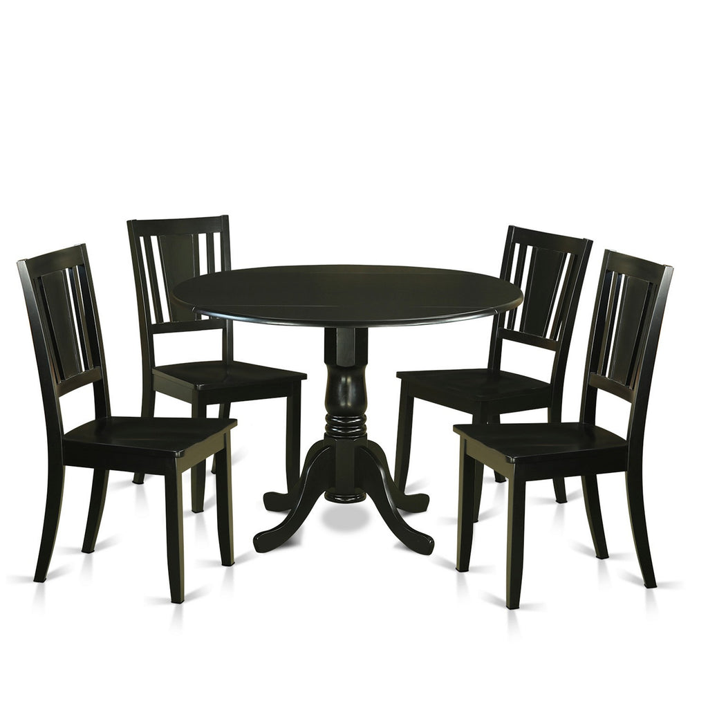 East West Furniture DLDU5-BLK-W 5 Piece Dining Table Set for 4 Includes a Round Kitchen Table with Dropleaf and 4 Dinette Chairs, 42x42 Inch, Black