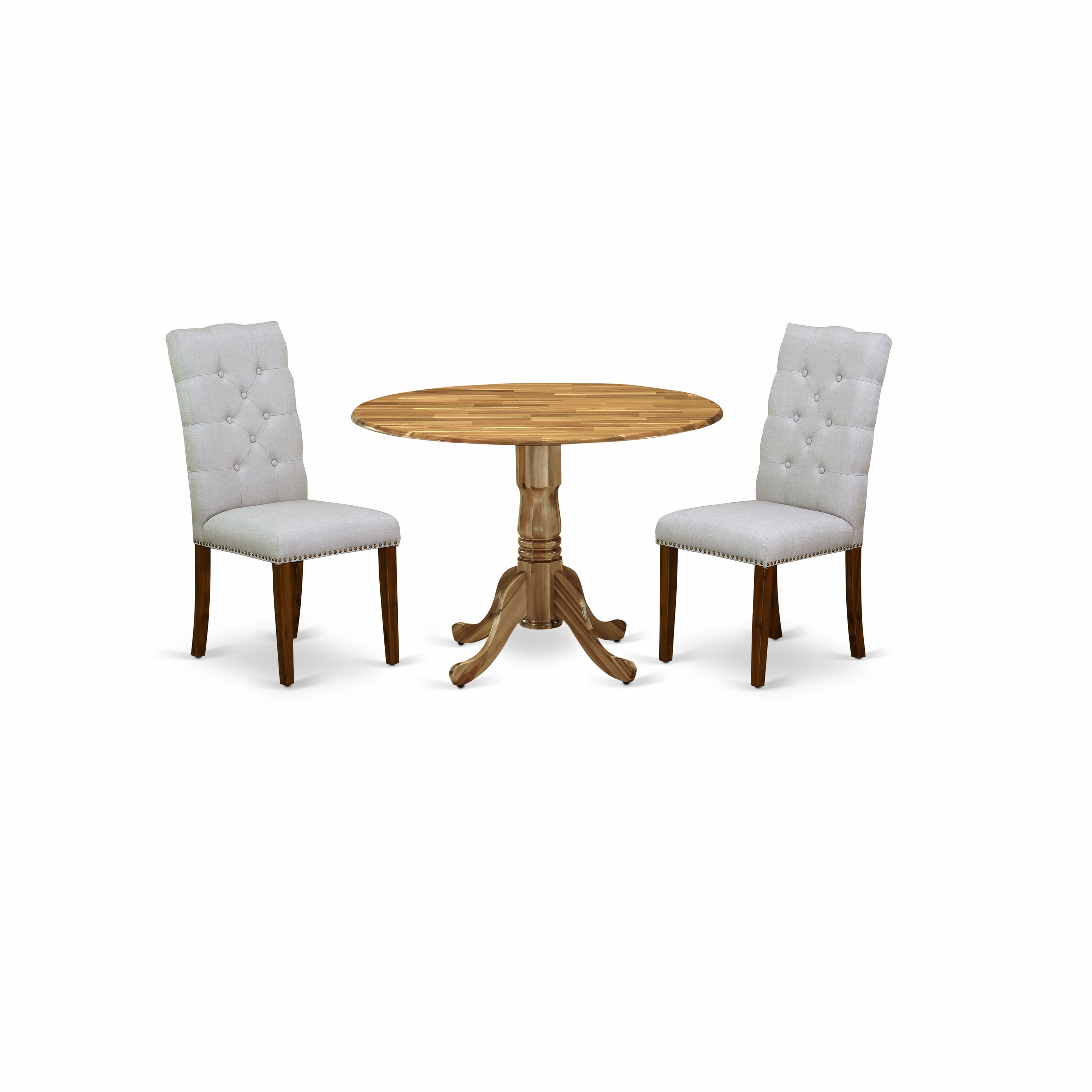 East West Furniture DLEL3-ANA-05 3-Pc Round Kitchen Table Set Included a Dining Room Table & 2 Parsons Dining Chairs, Grey Linen Fabric Kitchen Chairs Seat & Rubber Wood Legs, Natural Finish