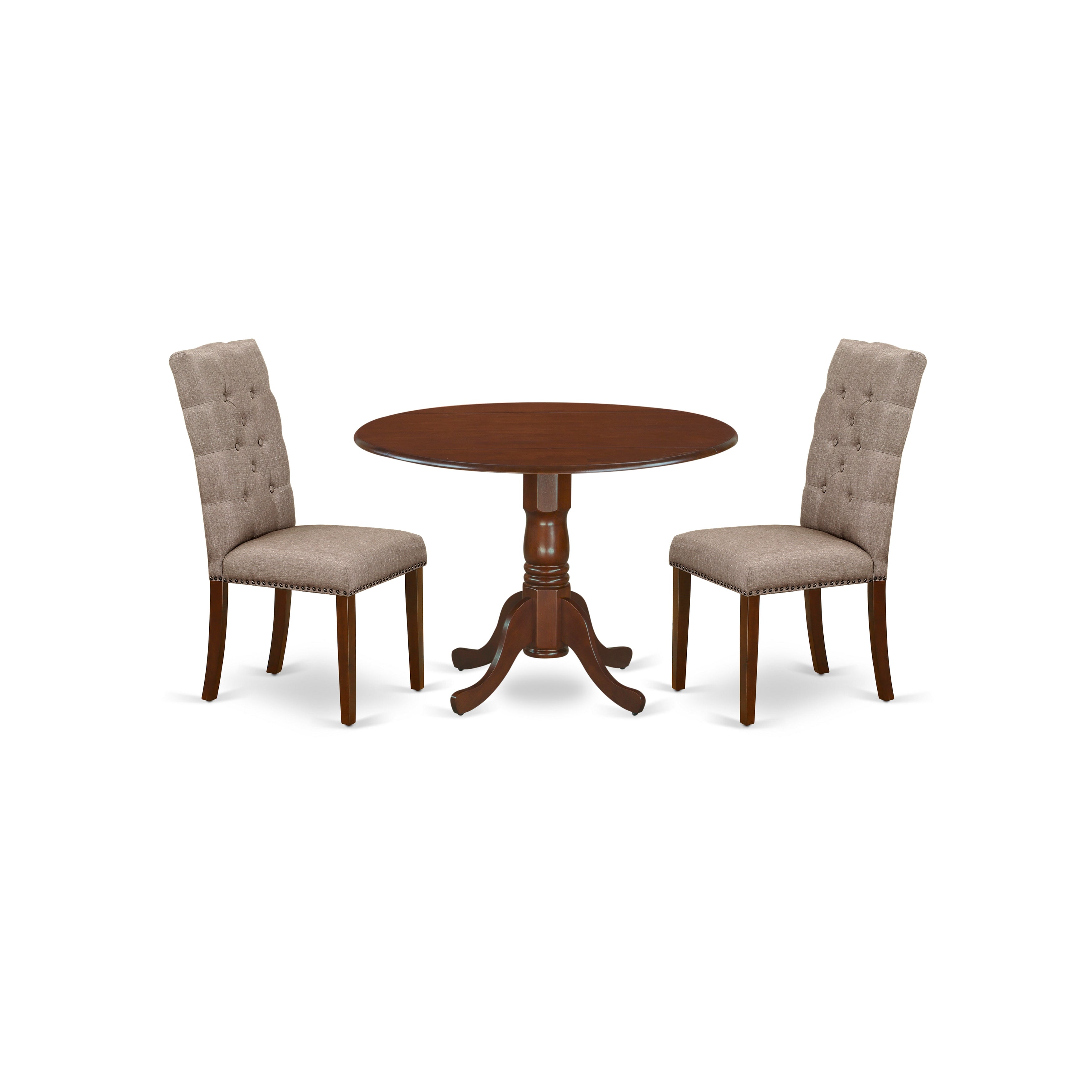 East West Furniture DLEL3-MAH-16 3-Piece Mid Century Dining Table Set Included a Round Dining Table & 2 Parson Dining Chairs, Dark Khaki Linen Fabric Dining Room Chairs Seat with Rubber Wood Legs, Mahogany Finish