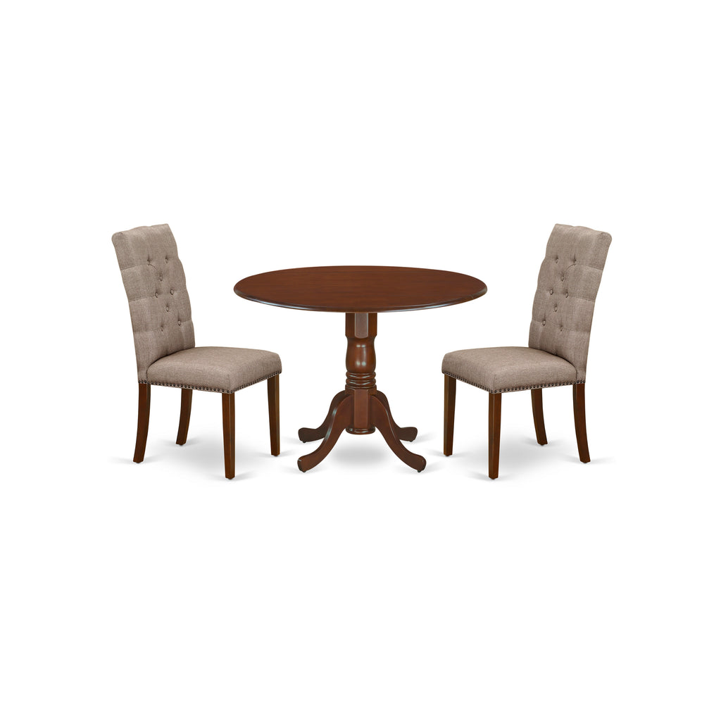 East West Furniture DLEL3-MAH-16 3 Piece Kitchen Table Set Contains a Round Dining Room Table with Dropleaf and 2 Dark Khaki Linen Fabric Upholstered Chairs, 42x42 Inch, Mahogany