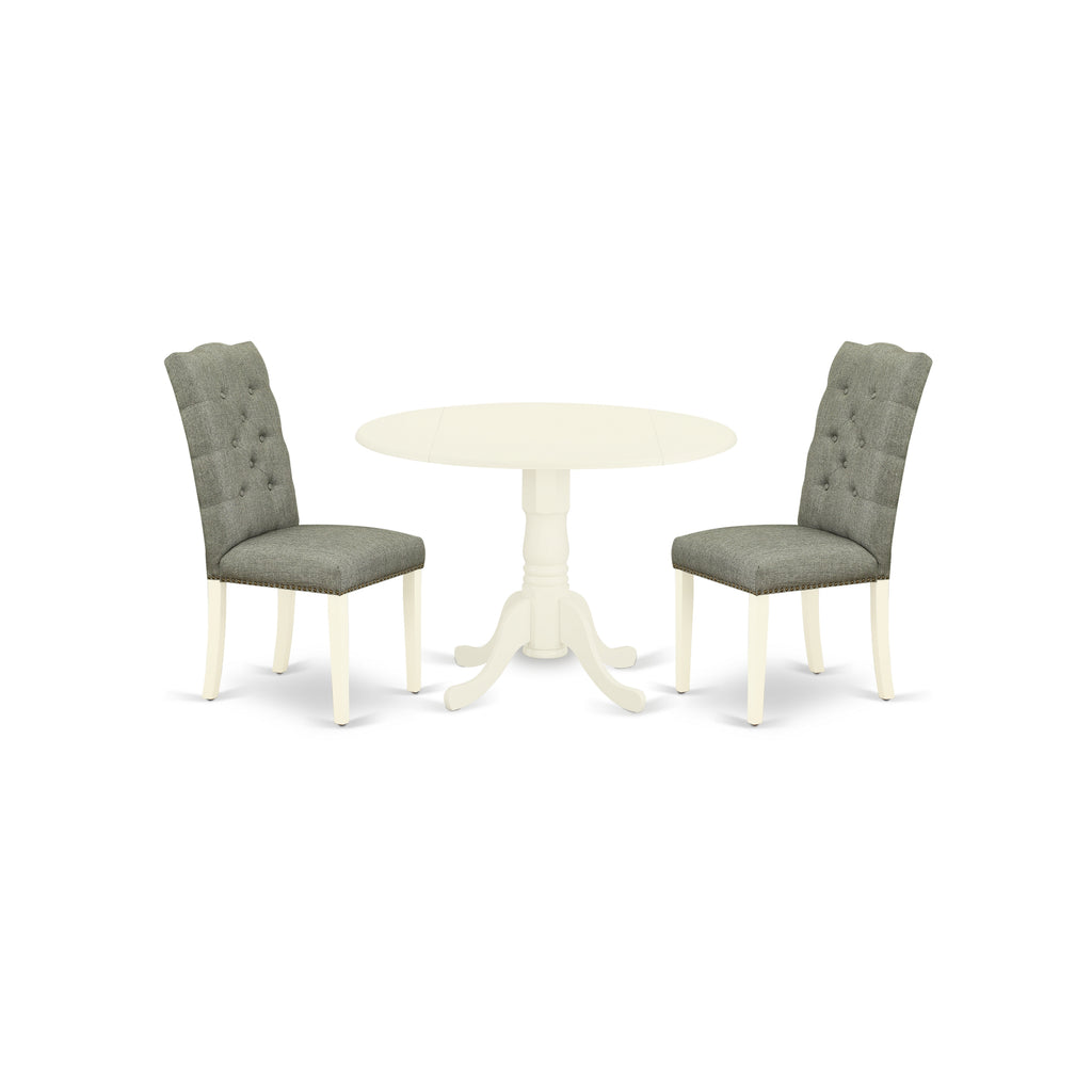 East West Furniture DLEL3-WHI-07 3 Piece Modern Dining Table Set Contains a Round Wooden Table with Dropleaf and 2 Gray Linen Fabric Parson Dining Room Chairs, 42x42 Inch, Linen White