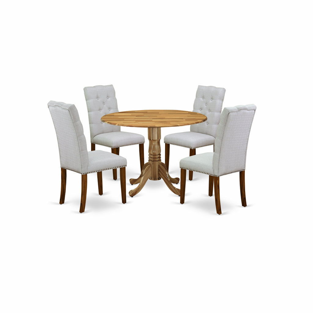 Juego de comedor de 5 piezas East West Furniture DLEL5-ANA-05 para 4 personas. Incluye una mesa de comedor redonda con alas abatibles y 4 sillas Parson tapizadas en tela de lino gris.