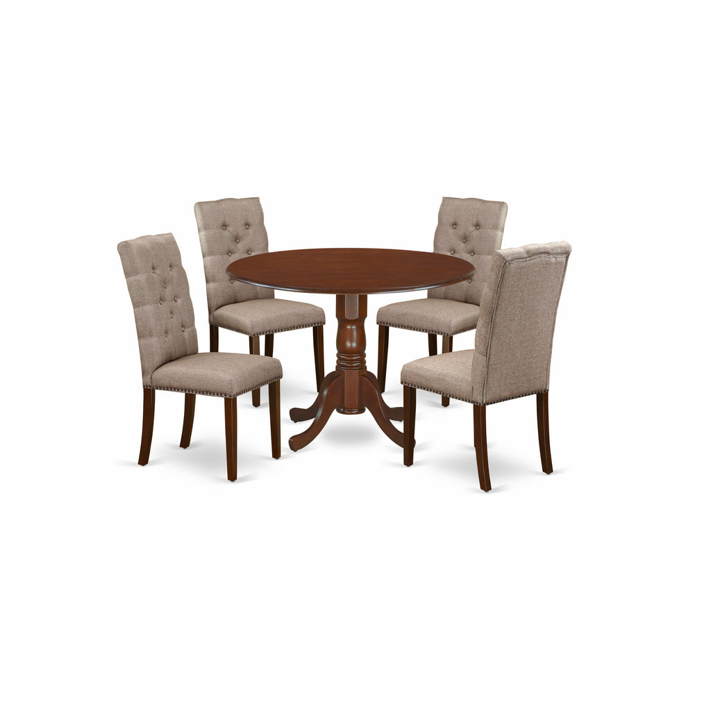 El juego de comedor de 5 piezas East West Furniture DLEL5-MAH-16 incluye una mesa de comedor redonda con alas abatibles y 4 sillas Parsons de tela de lino color caqui oscuro.