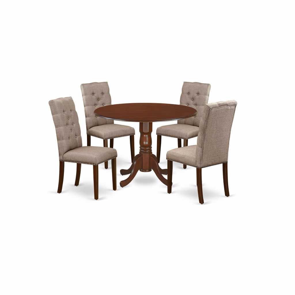 East West Furniture DLEL5-MAH-16 5 Piece Dining Room Furniture Set Includes a Round Dining Table with Dropleaf and 4 Dark Khaki Linen Fabric Parsons Chairs, 42x42 Inch, Mahogany