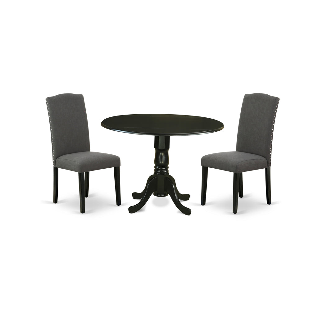 Juego de mesa de comedor moderna de 3 piezas DLEN3-BLK-20 de East West Furniture. Contiene una mesa redonda de madera con hojas abatibles y 2 sillas tapizadas en tela de lino Gotham oscuro.
