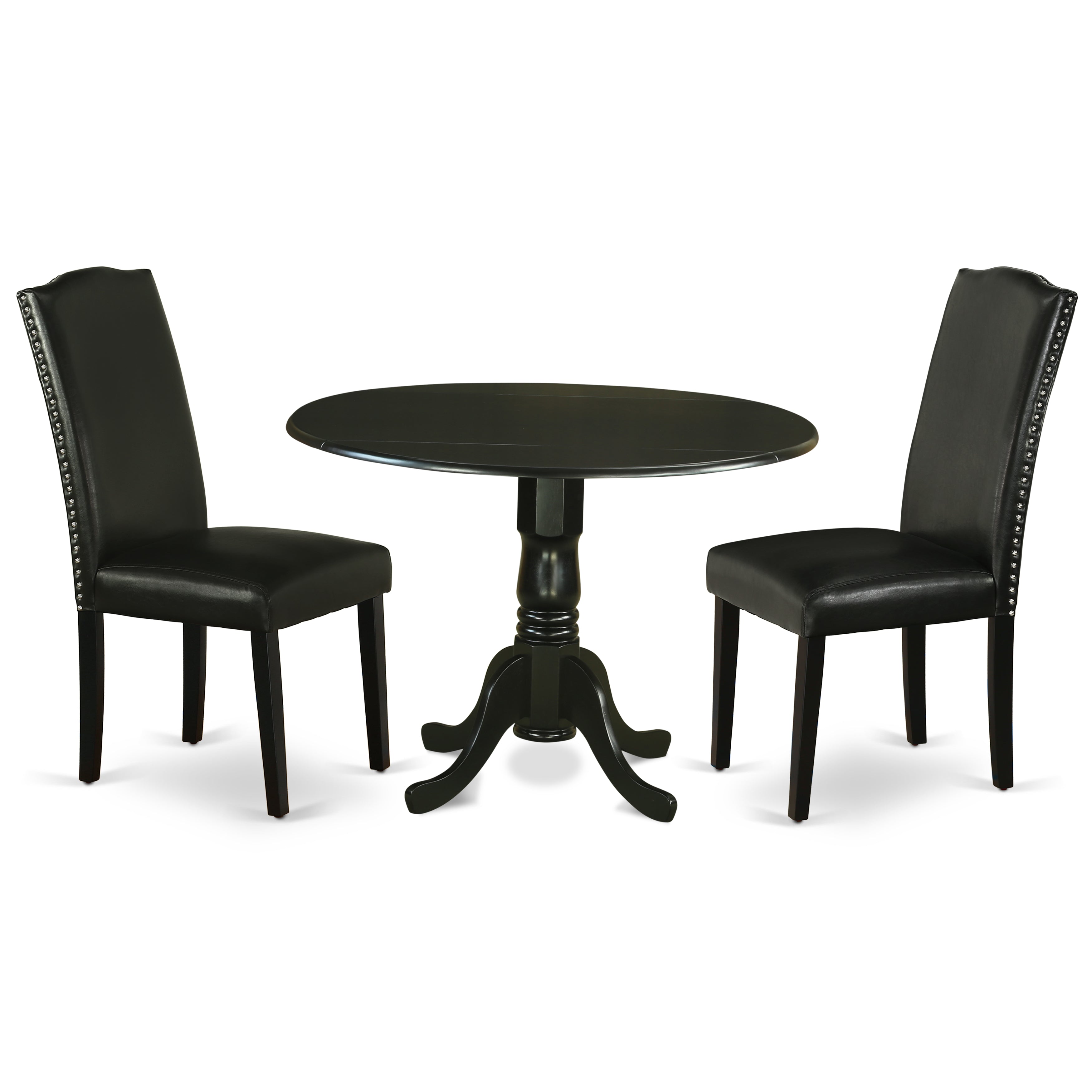 Juego de comedor de 3 piezas East West Furniture DLEN3-BLK-69. Incluye una mesa de comedor redonda con alas abatibles y dos sillas tapizadas en piel sintética negra.