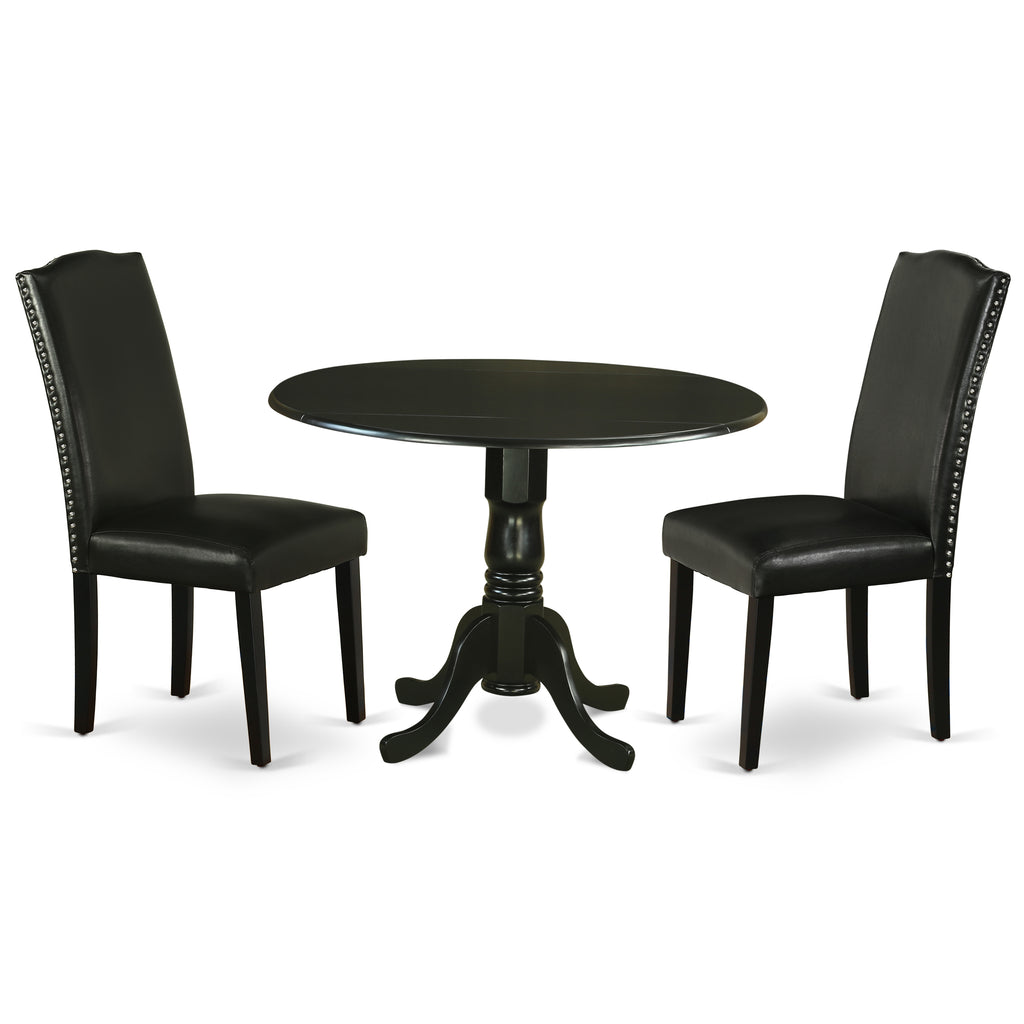 Juego de comedor de 3 piezas East West Furniture DLEN3-BLK-69. Incluye una mesa de comedor redonda con alas abatibles y dos sillas tapizadas en piel sintética negra.