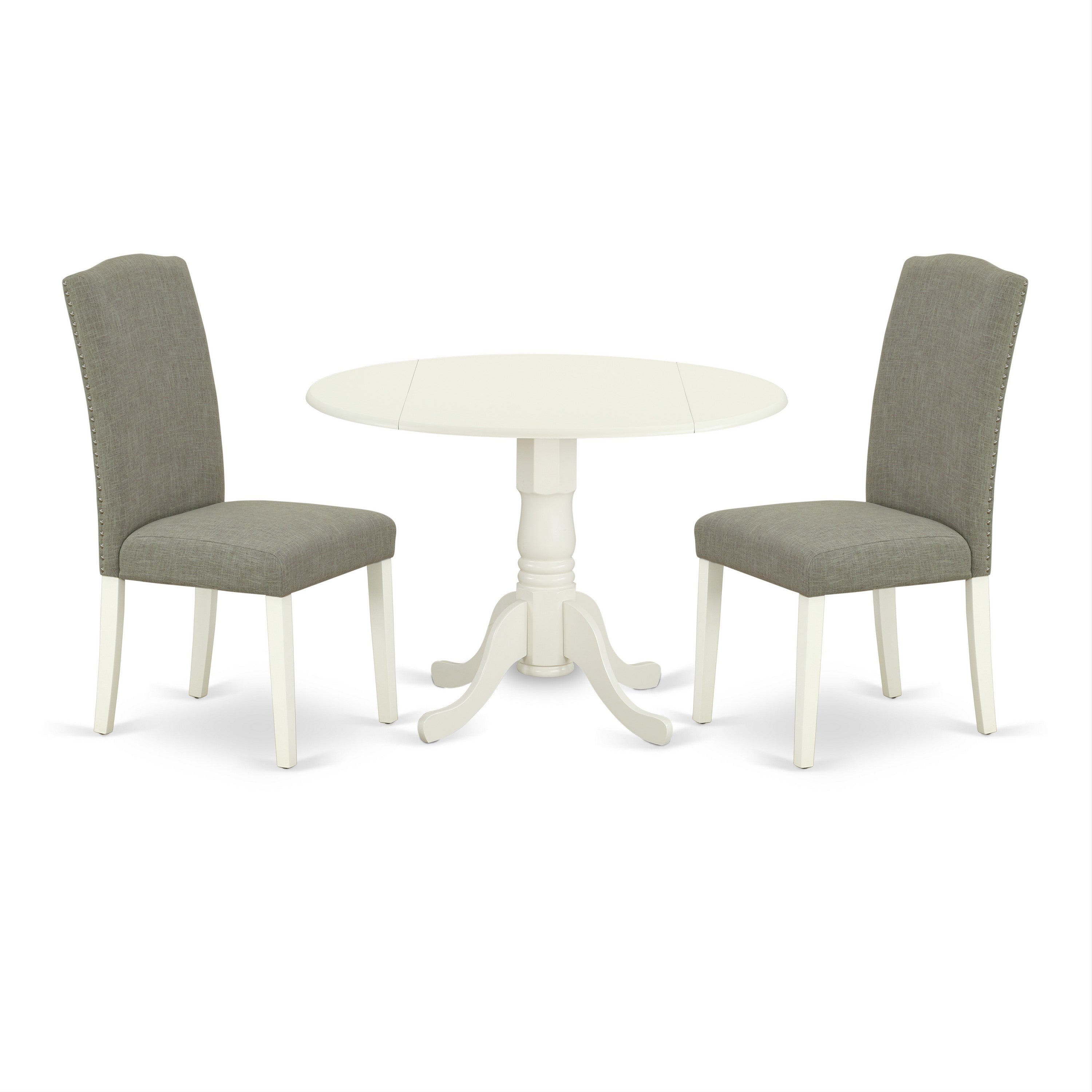 DLEN3-LWH-06 3Pc Round 42 Inch Kitchen Table With Two 9-Inch Drop Leaves And A Pair Of Parson Chair With Linen White Leg And Linen Fabric Dark Shitake
