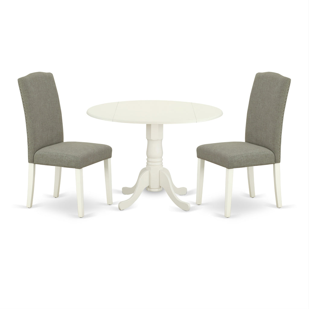 East West Furniture DLEN3-LWH-06 3 Piece Modern Dining Table Set Contains a Round Wooden Table with Dropleaf and 2 Dark Shitake Linen Fabric Parson Dining Chairs