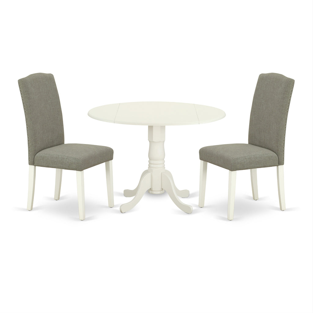 East West Furniture DLEN3-LWH-06 3 Piece Modern Dining Table Set Contains a Round Wooden Table with Dropleaf and 2 Dark Shitake Linen Fabric Parson Dining Chairs, 42x42 Inch, Linen White