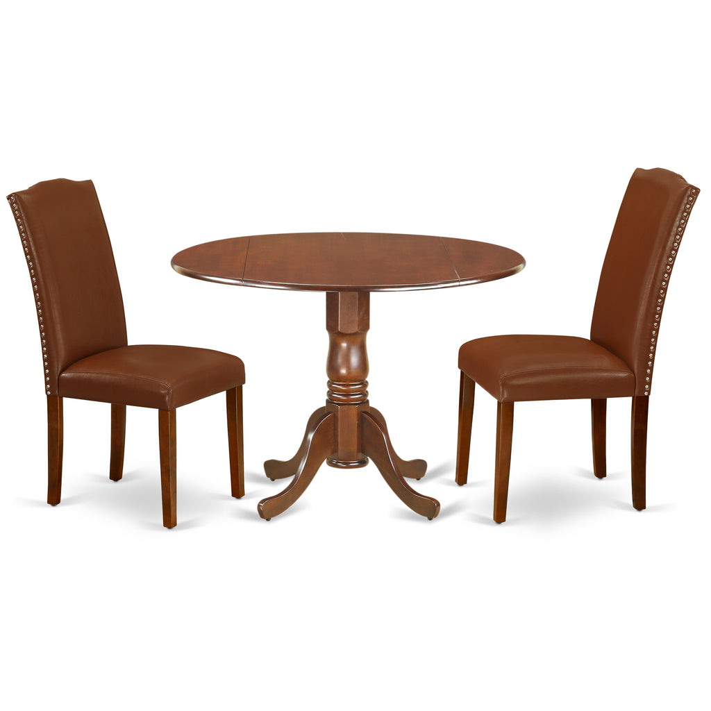 East West Furniture DLEN3-MAH-66 3 Piece Kitchen Table Set Contains a Round Dining Room Table with Dropleaf and 2 Brown Faux Faux Leather Parsons Dining Chairs
