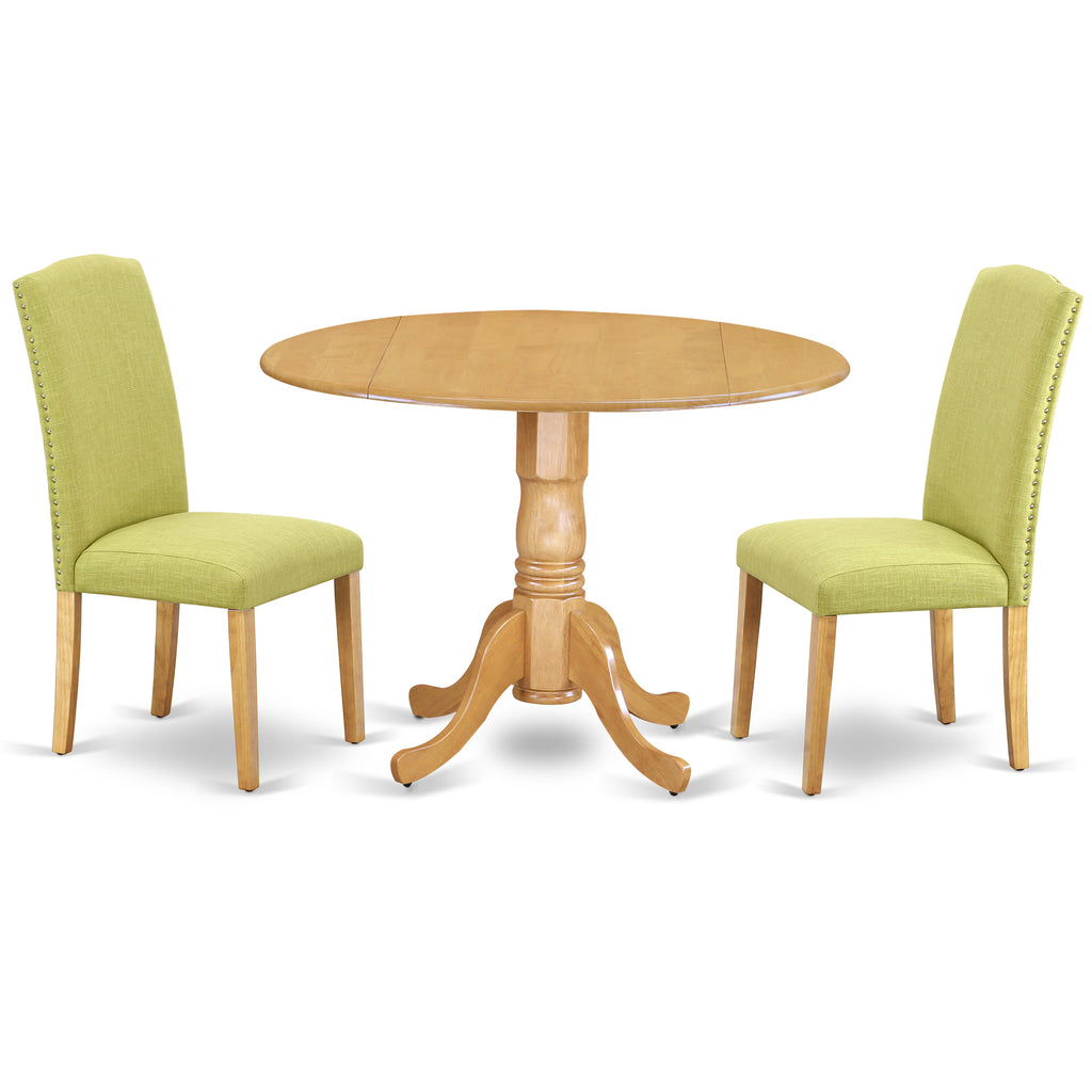 East West Furniture DLEN3-OAK-07 3 Piece Kitchen Table Set Contains a Round Dining Room Table with Dropleaf and 2 Limelight Linen Fabric Parson Dining Chairs, 42x42 Inch, Oak