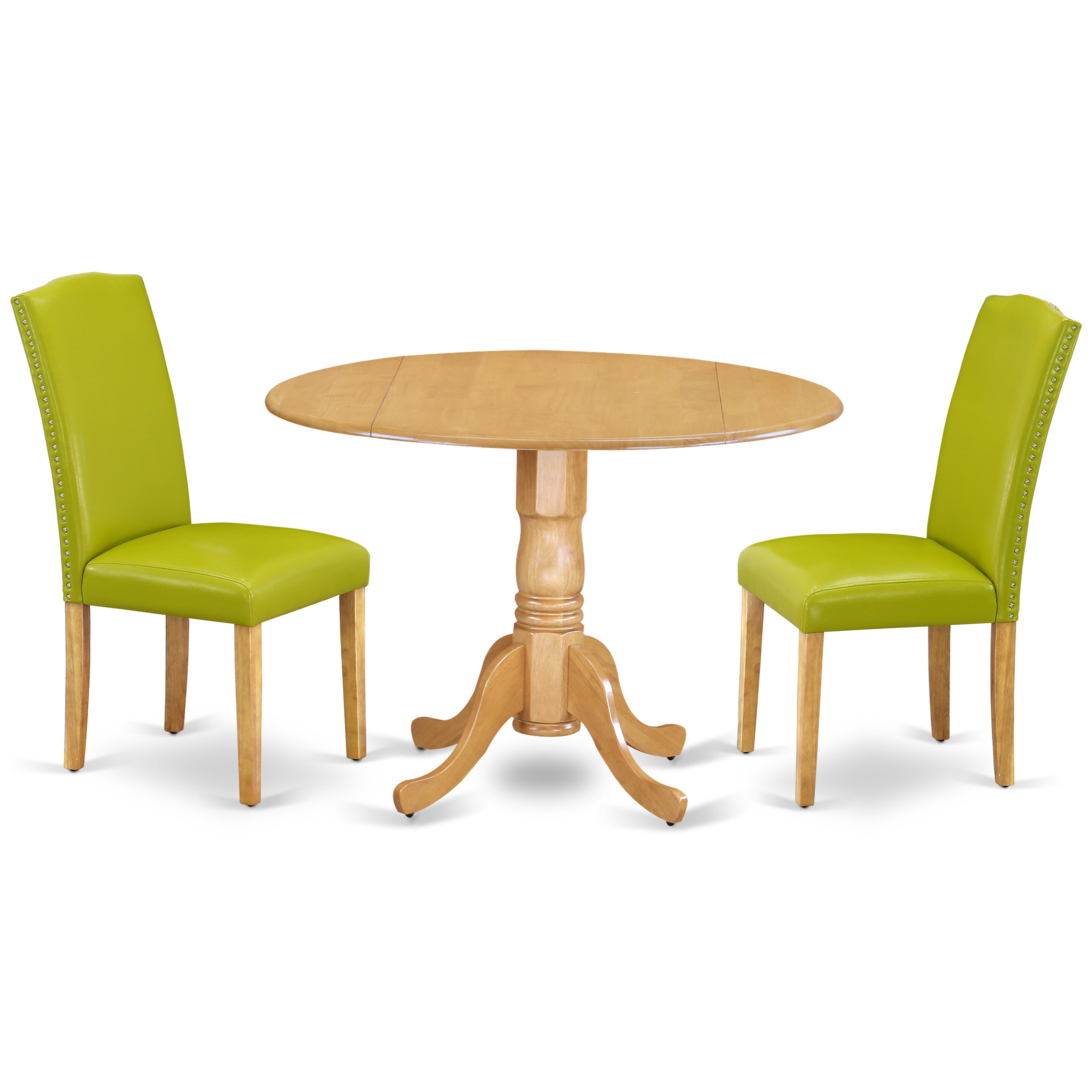 DLEN3-OAK-51 3Pc Round 42 Inch Kitchen Table With Two 9-Inch Drop Leaves And A Pair Of Parson Chair With Oak Leg And Pu Leather Color Autumn Green