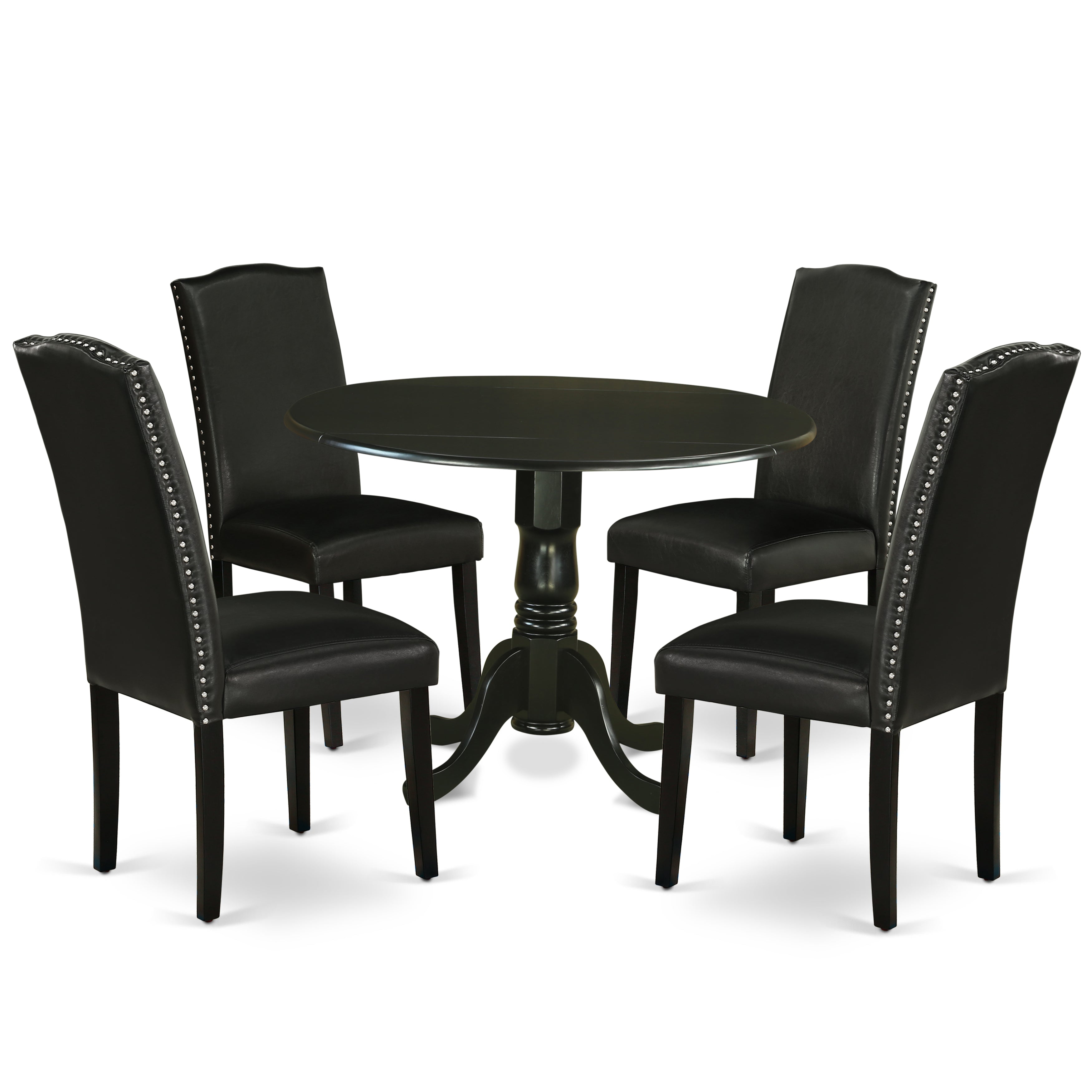 DLEN5-BLK-69 5Pc Round 42" Kitchen Table With Two 9-Inch Drop Leaves And Four Parson Chair With Black Leg And Pu Leather Color Black