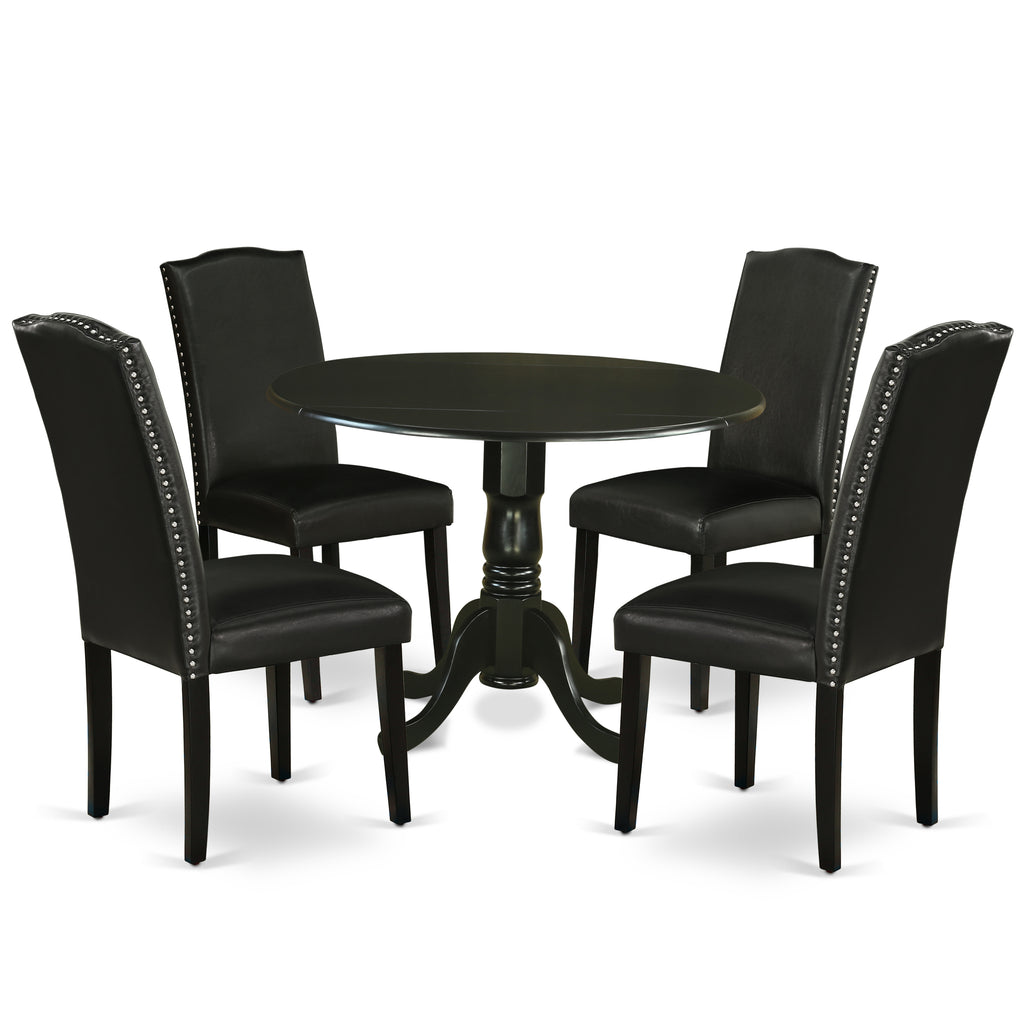 El juego de comedor de 5 piezas East West Furniture DLEN5-BLK-69 incluye una mesa de comedor redonda con alas abatibles y 4 sillas tapizadas en piel sintética negra.