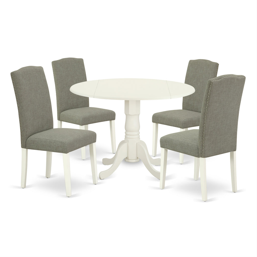 East West Furniture DLEN5-LWH-06 5 Piece Kitchen Table & Chairs Set Includes a Round Dining Table with Dropleaf and 4 Dark Shitake Linen Fabric Upholstered Chairs, 42x42 Inch, Linen White