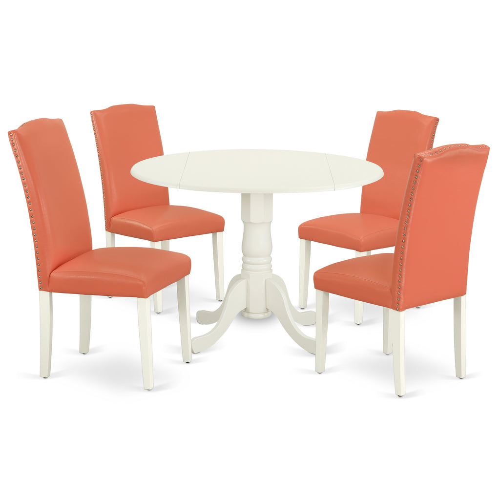 El juego de comedor de 5 piezas DLEN5-LWH-78 de East West Furniture incluye una mesa de comedor redonda con alas abatibles y 4 sillas Parson tapizadas en piel sintética con diseño de flamencos rosados.