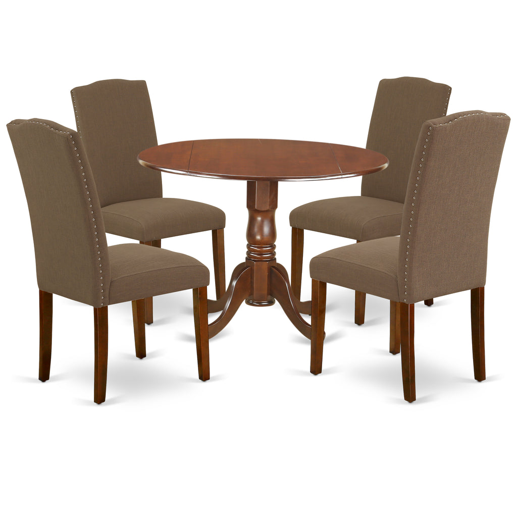 East West Furniture DLEN5-MAH-18 5 Piece Dining Room Furniture Set Includes a Round Dining Table with Dropleaf and 4 Dark Coffee Linen Fabric Upholstered Chairs, 42x42 Inch, Mahogany