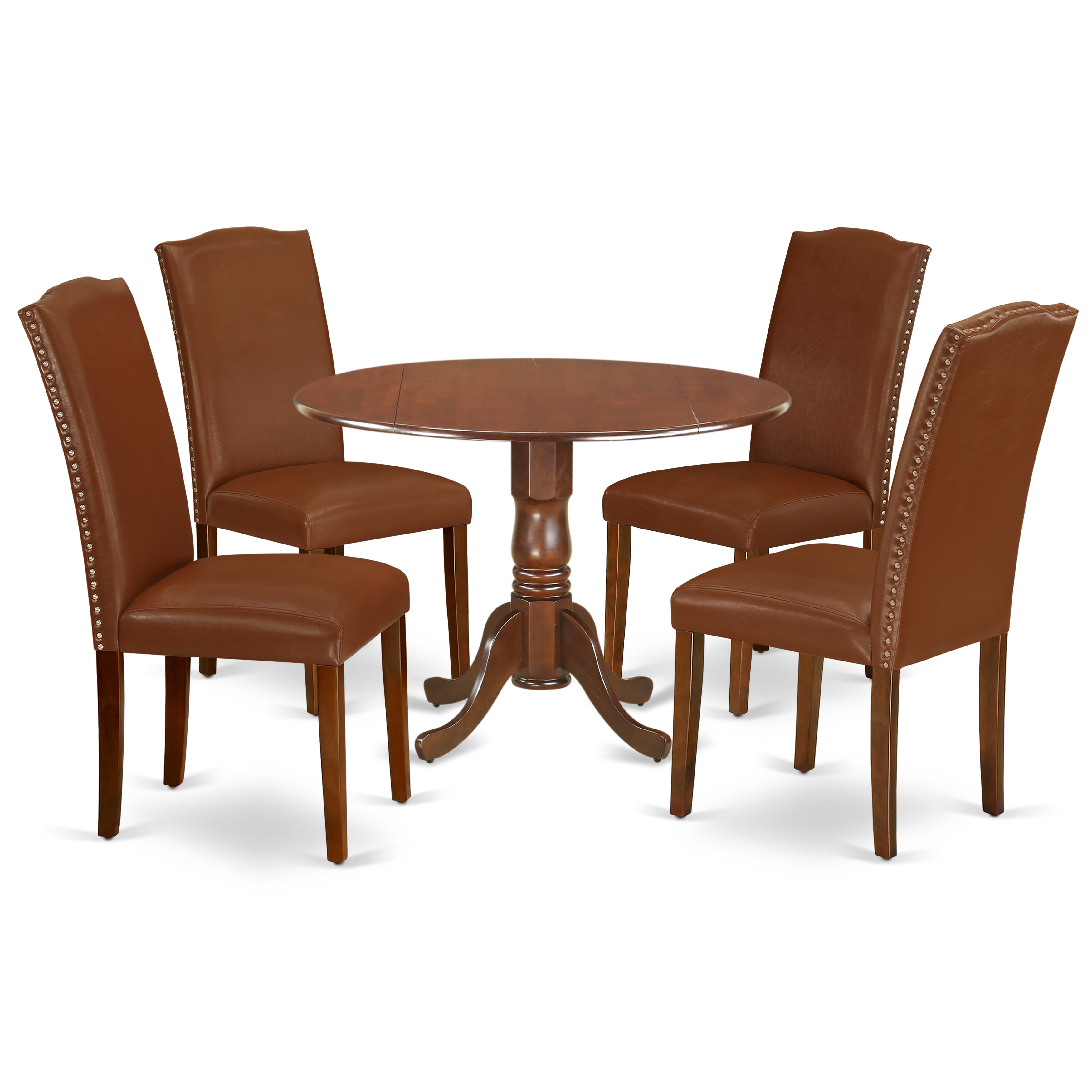 DLEN5-MAH-66 5Pc Round 42" Kitchen Table With Two 9-Inch Drop Leaves And Four Parson Chair With Mahogany Leg And Brown Flaux Leather
