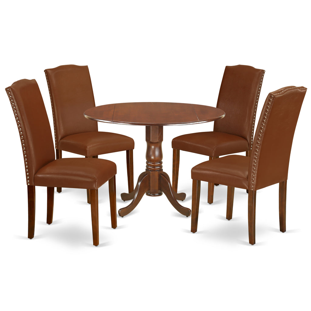 Juego de mesa de cocina de 5 piezas East West Furniture DLEN5-MAH-66 para 4 personas. Incluye una mesa de comedor redonda con alas abatibles y 4 sillas de comedor Parson de cuero sintético marrón.