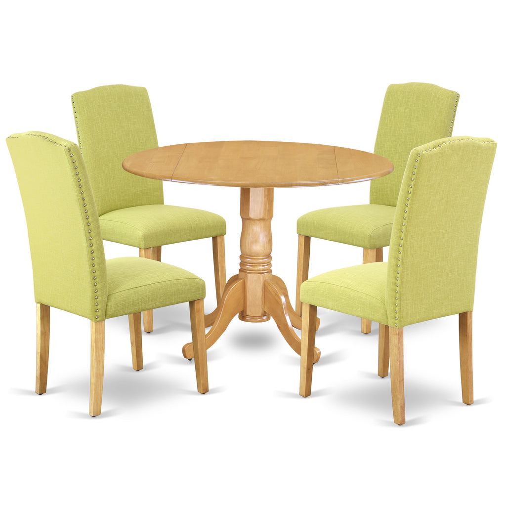 Juego de mesa y sillas de cocina de 5 piezas DLEN5-OAK-07 de East West Furniture. Incluye una mesa de comedor redonda con alas abatibles y 4 sillas de comedor Parson de tela de lino Limelight.