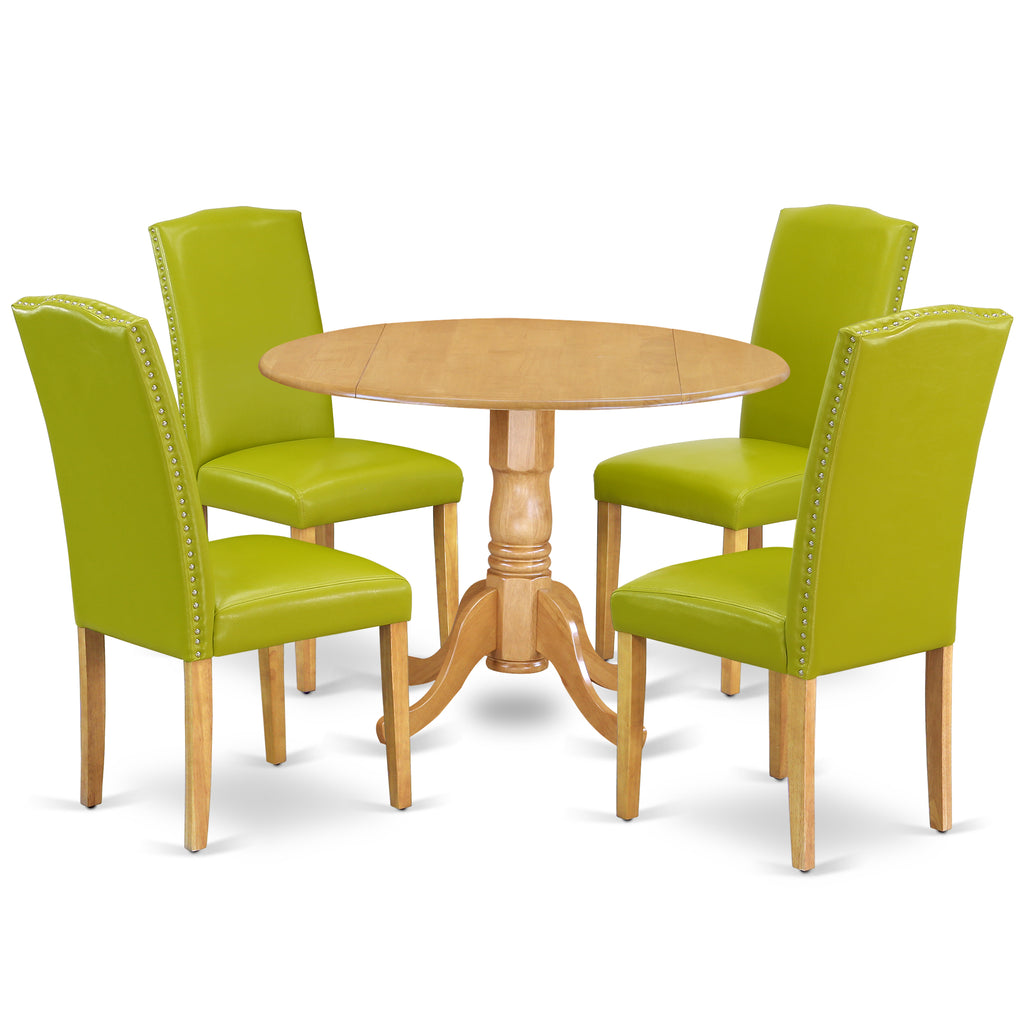 Juego de mesa de comedor moderna de 5 piezas East West Furniture DLEN5-OAK-51. Incluye una mesa redonda de madera con hojas abatibles y 4 sillas tapizadas de piel sintética verde otoñal.