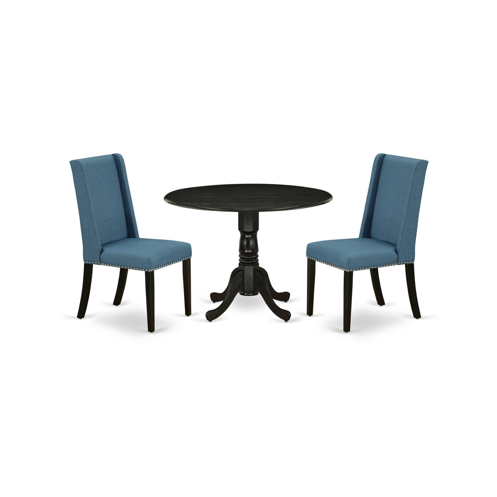 East West Furniture DLFL3-ABK-21 3 Piece Dining Room Table Set  Contains a Round Kitchen Table with Dropleaf and 2 Blue Linen Fabric Parsons Dining Chairs, 42x42 Inch, Wirebrushed Black