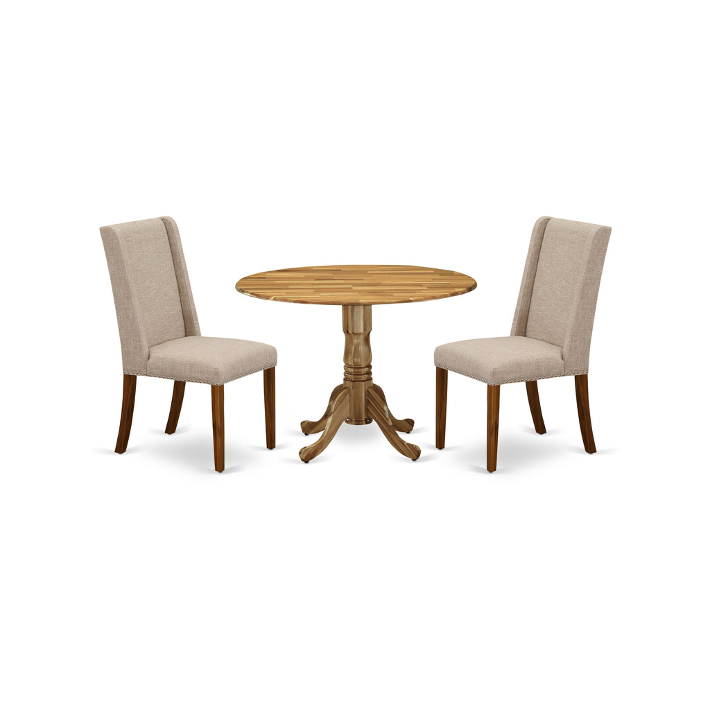 East West Furniture DLFL3-ANA-04 3 Piece Dining Table Set Contains a Round Dining Room Table with Dropleaf and 2 Light Tan Linen Fabric Upholstered Chairs