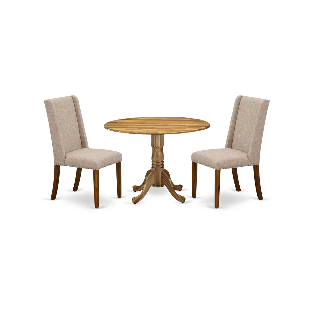 East West Furniture DLFL3-ANA-04 3 Piece Dining Table Set Contains a Round Dining Room Table with Dropleaf and 2 Light Tan Linen Fabric Upholstered Chairs, 42x42 Inch, Natural
