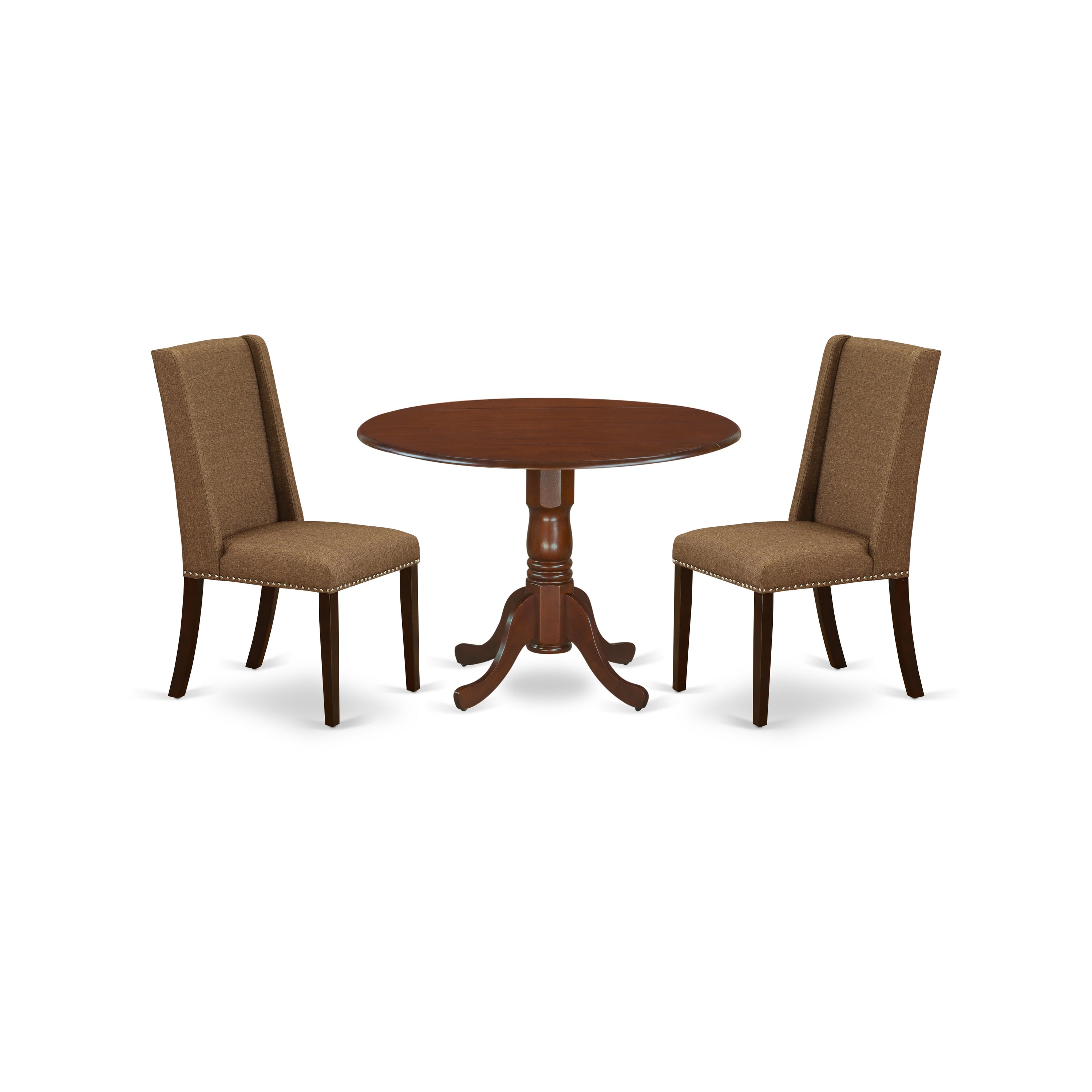 East West Furniture DLFL3-MAH-18 3-Pc Kitchen Table and Chairs Set Included a Round Breakfast Table & 2 Kitchen Chairs, Brown Beige Linen Fabric Parsons Dining Chairs Seat with Rubber Wood Legs, Mahogany Finish