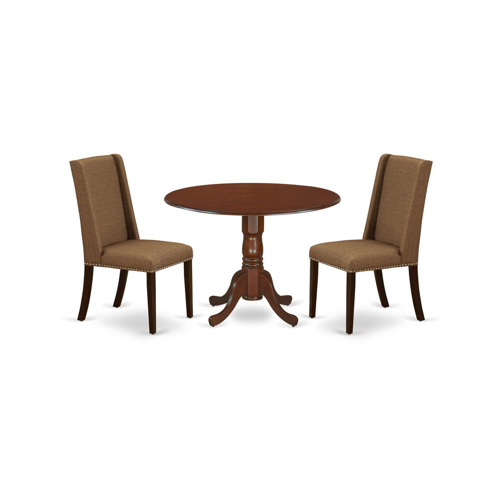 East West Furniture DLFL3-MAH-18 3 Piece Dining Set Contains a Round Dining Room Table with Dropleaf and 2 Brown Linen Linen Fabric Upholstered Parson Chairs, 42x42 Inch, Mahogany