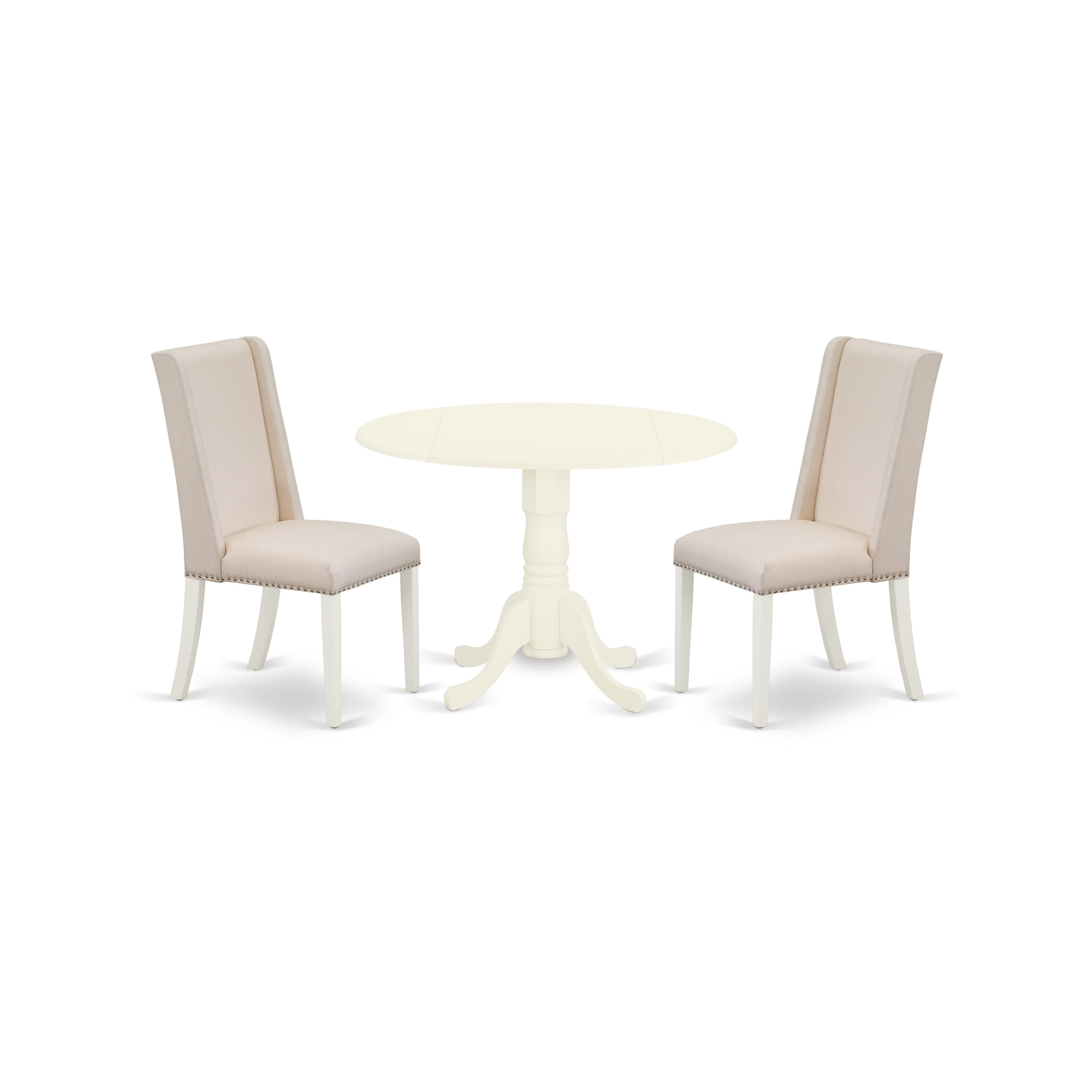 East West Furniture DLFL3-WHI-01 3-Piece Wood Dining Table Set Included a Round Dining Table & 2 Parsons Dining Room Chairs, Cream Linen Fabric Upholstered Dining Chairs Seat with Rubber Wood Legs, Linen White Finish