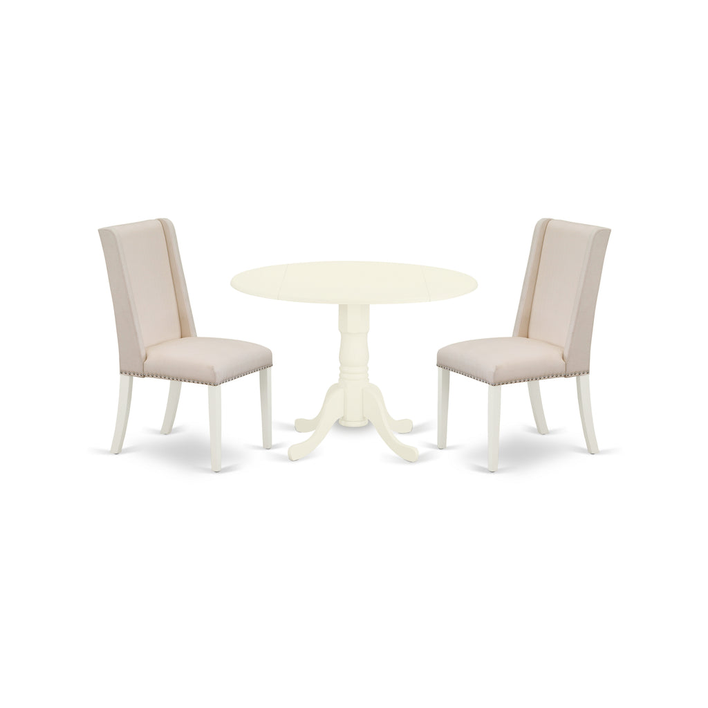 Juego de mesa de cocina de 3 piezas DLFL3-WHI-01 de East West Furniture. Incluye una mesa de comedor redonda con alas abatibles y dos sillas tapizadas en tela de lino color crema.
