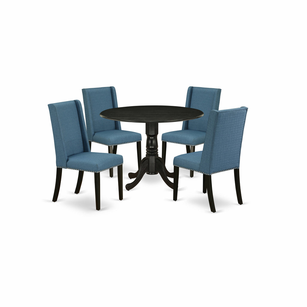 El juego de mesa de comedor de 5 piezas DLFL5-ABK-21 de East West Furniture incluye una mesa de comedor redonda con alas abatibles y 4 sillas Parson tapizadas en tela de lino azul.