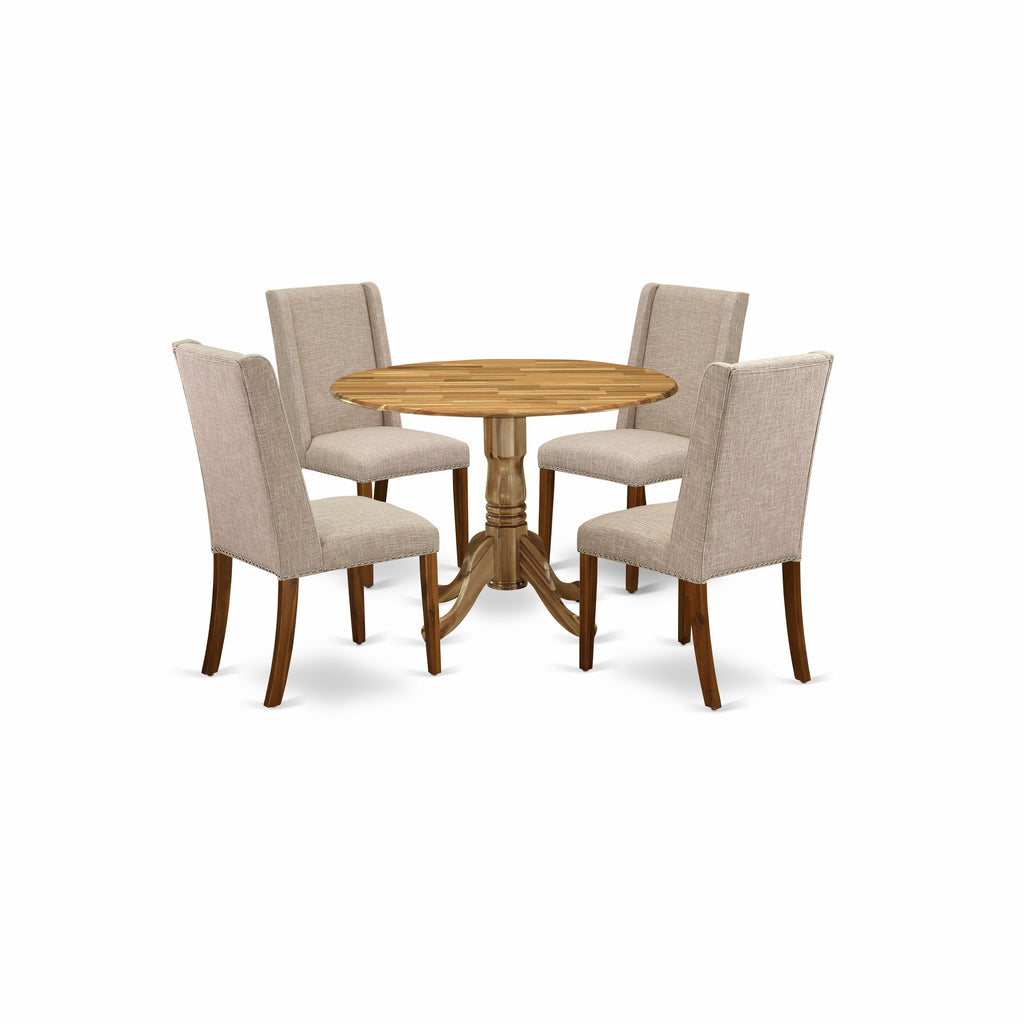 El juego de comedor de 5 piezas East West Furniture DLFL5-ANA-04 incluye una mesa de comedor redonda con alas abatibles y 4 sillas Parsons de tela de lino color tostado claro.