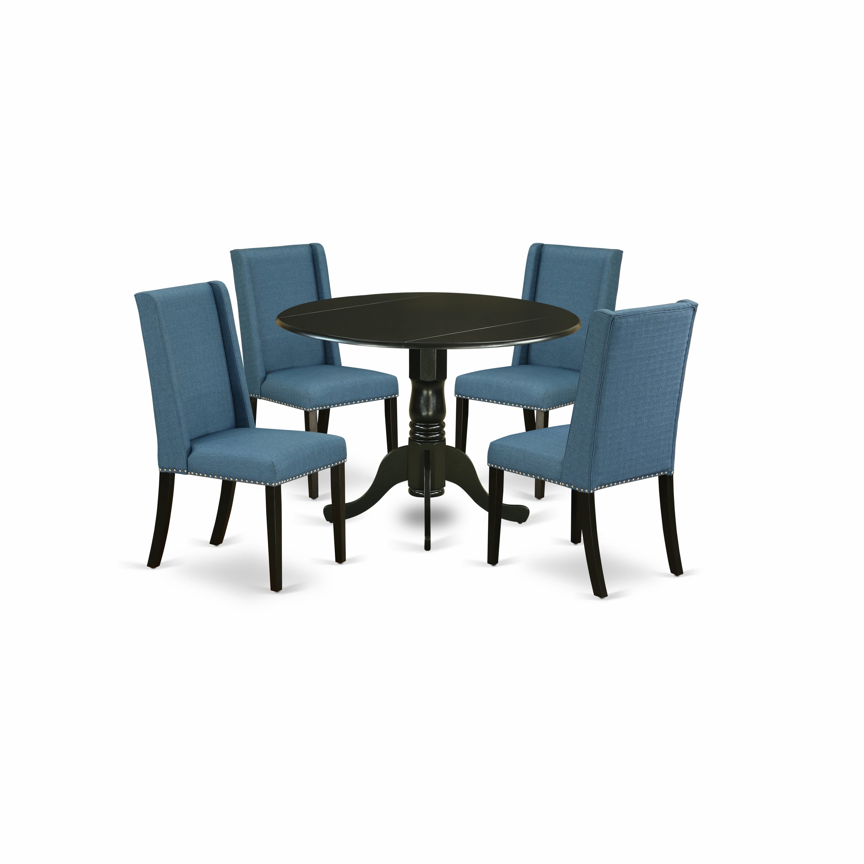 Juego de mesa de cocina de 5 piezas East West Furniture DLFL5-BLK-21 para 4 personas. Incluye una mesa de comedor redonda con alas abatibles y 4 sillas de comedor Parson de tela de lino azul.