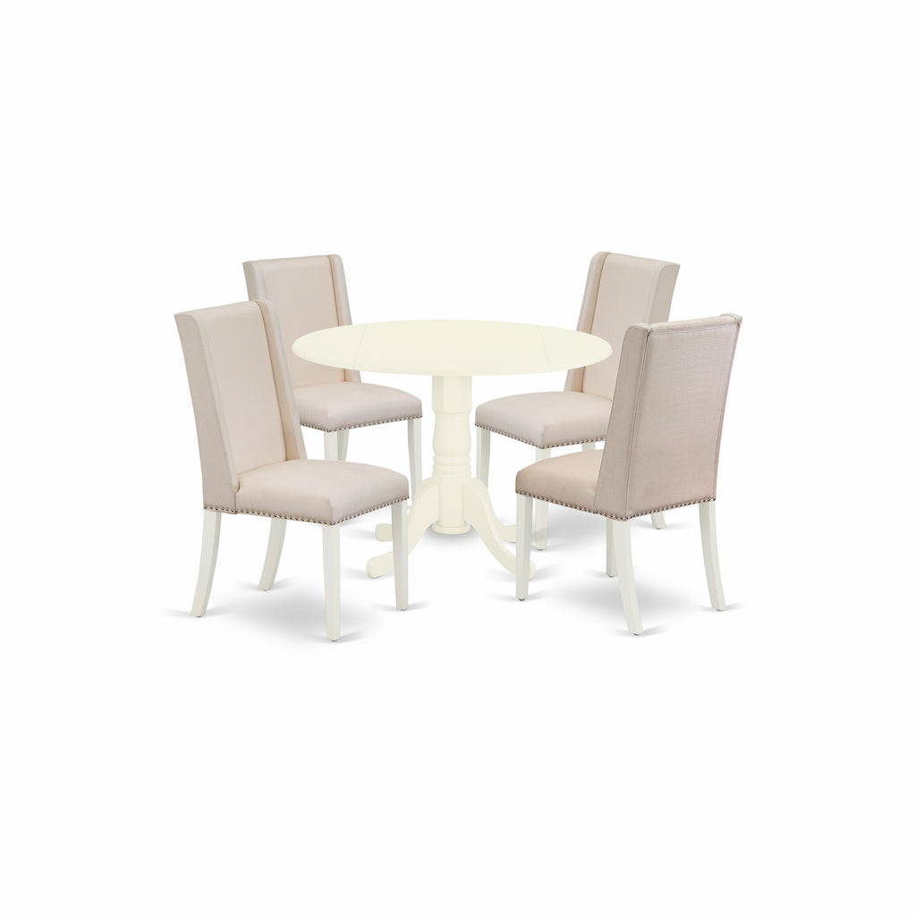 East West Furniture DLFL5-WHI-01 5 Piece Modern Dining Table Set Includes a Round Wooden Table with Dropleaf and 4 Cream Linen Fabric Parson Dining Room Chairs, 42x42 Inch, Linen White