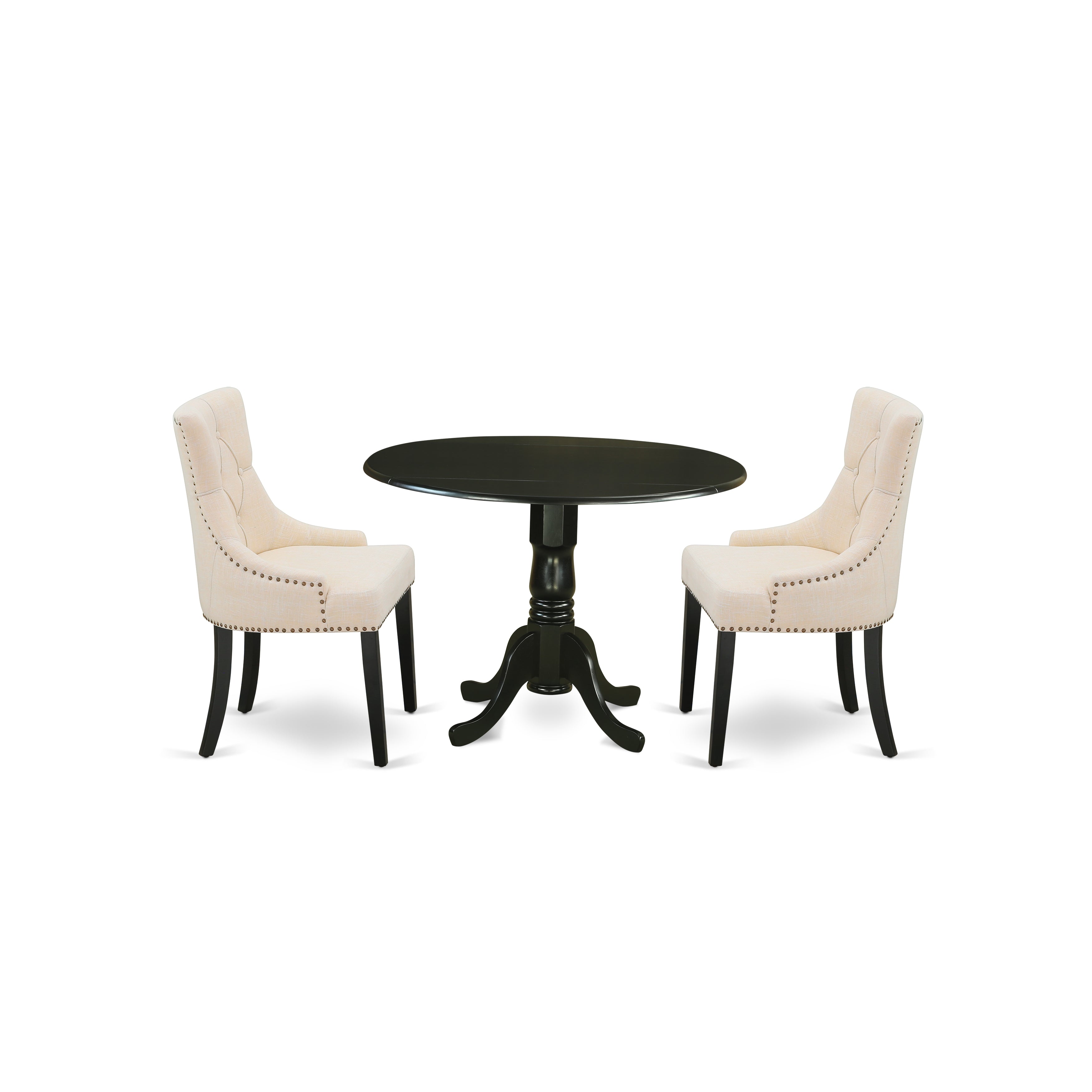 DLFR3-BLK-02 3Pc Dinette Set Includes a Rounded Kitchen Table with Drop Leaves and Two Parson Chairs with Light Beige Fabric, Black Finish