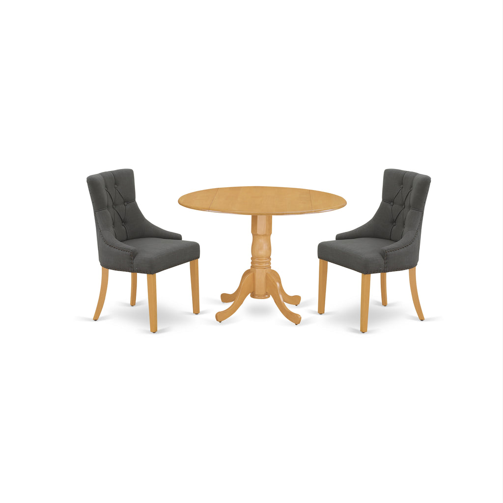 East West Furniture DLFR3-OAK-20 3 Piece Dinette Set for Small Spaces Contains a Round Dining Table with Dropleaf and 2 Dark Gotham Linen Fabric Parson Dining Chairs