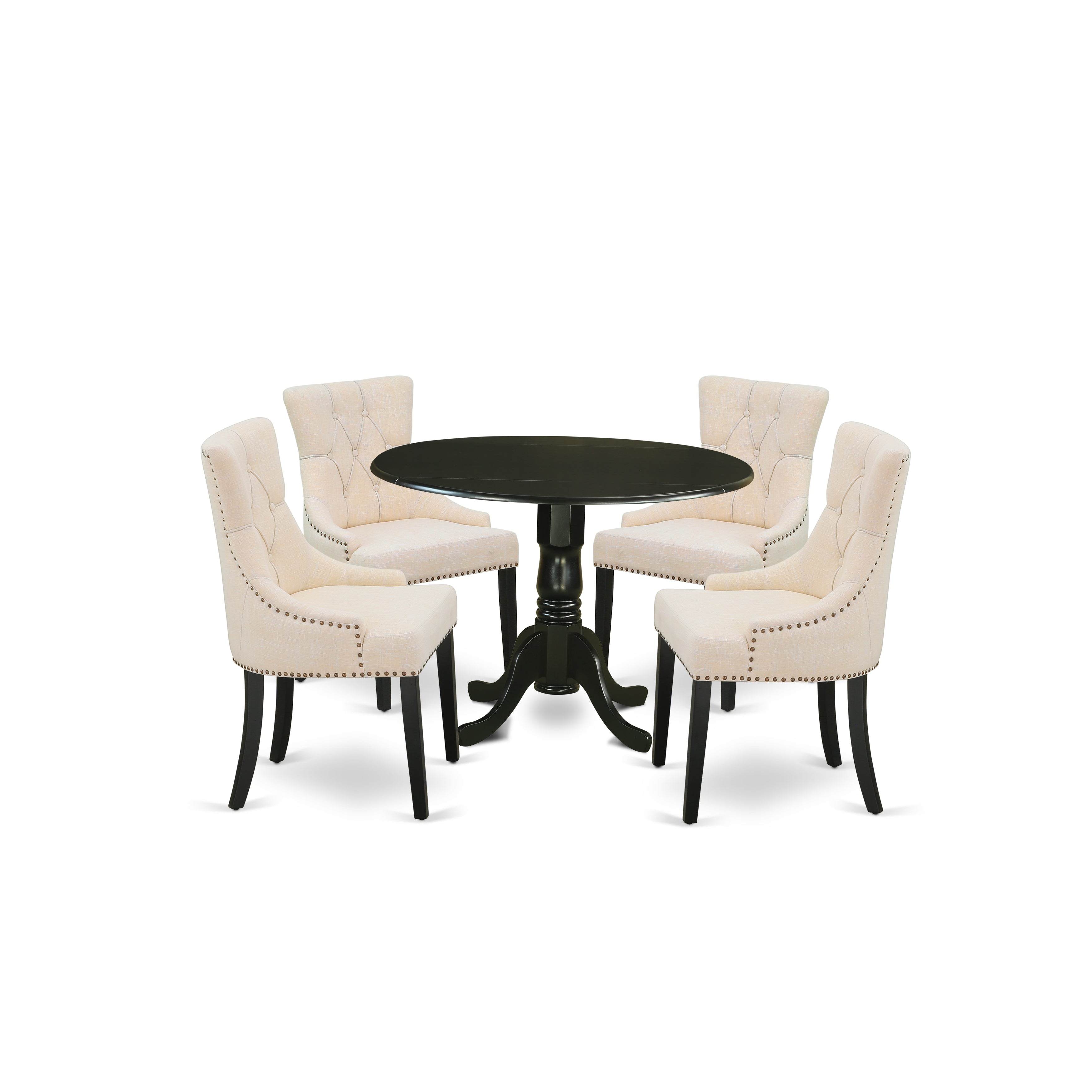 Juego de mesa de comedor moderna de 5 piezas East West Furniture DLFR5-BLK-02. Incluye una mesa redonda de madera con alas abatibles y 4 sillas tapizadas en tela de lino beige claro.