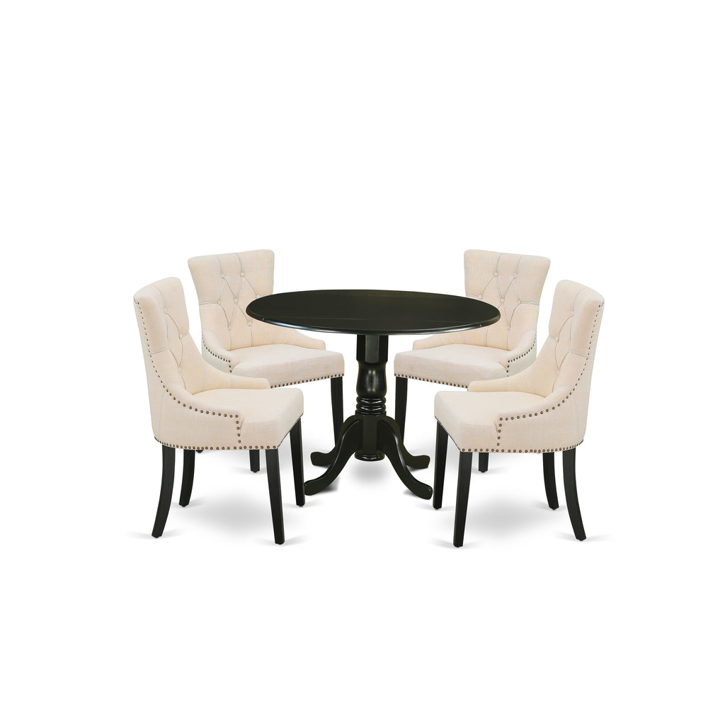 East West Furniture DLFR5-BLK-02 5 Piece Modern Dining Table Set Includes a Round Wooden Table with Dropleaf and 4 Light Beige Linen Fabric Upholstered Chairs